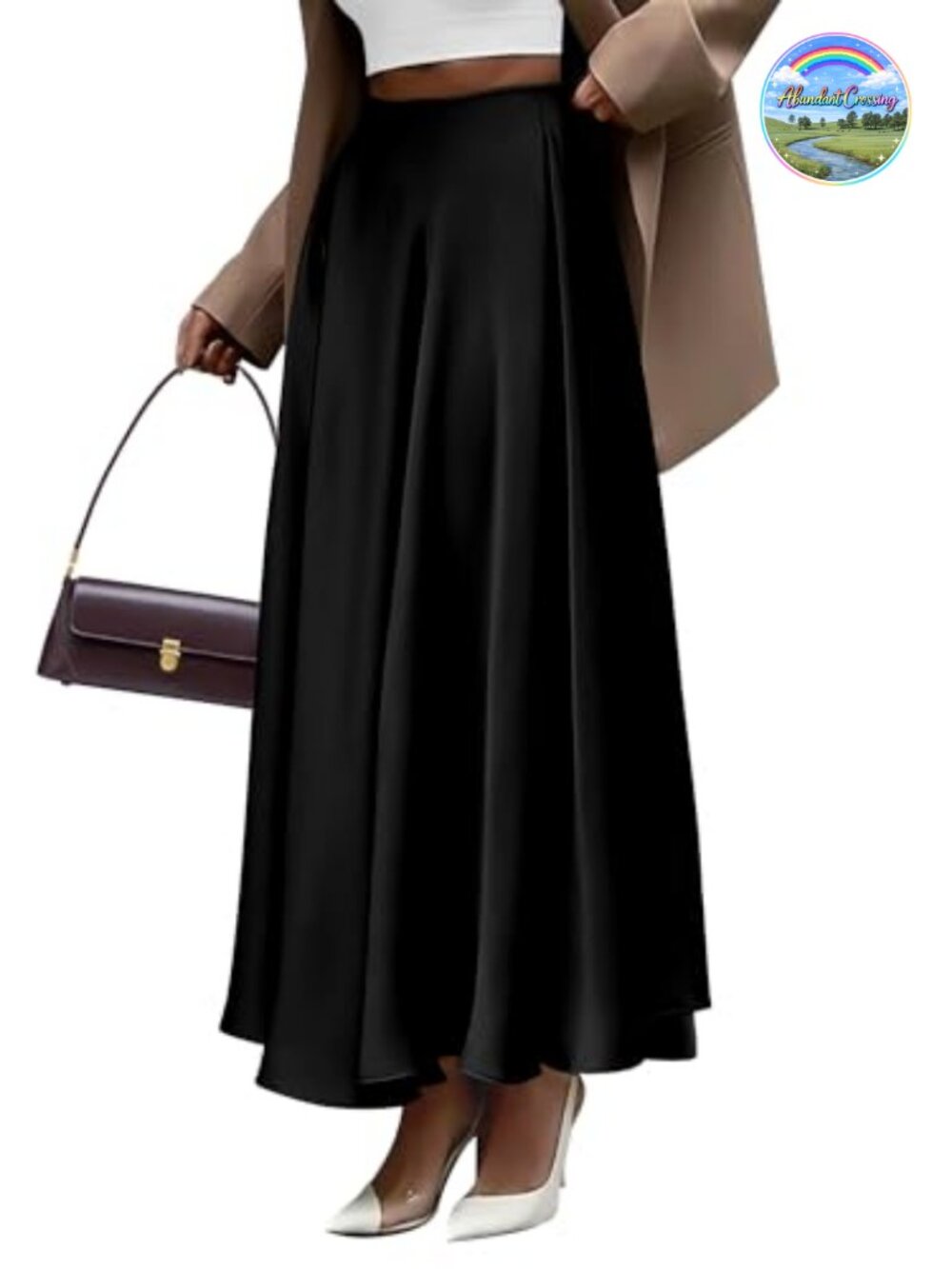 Satin Maxi Skirt High Waisted A-Line Pleated Hem Flowy